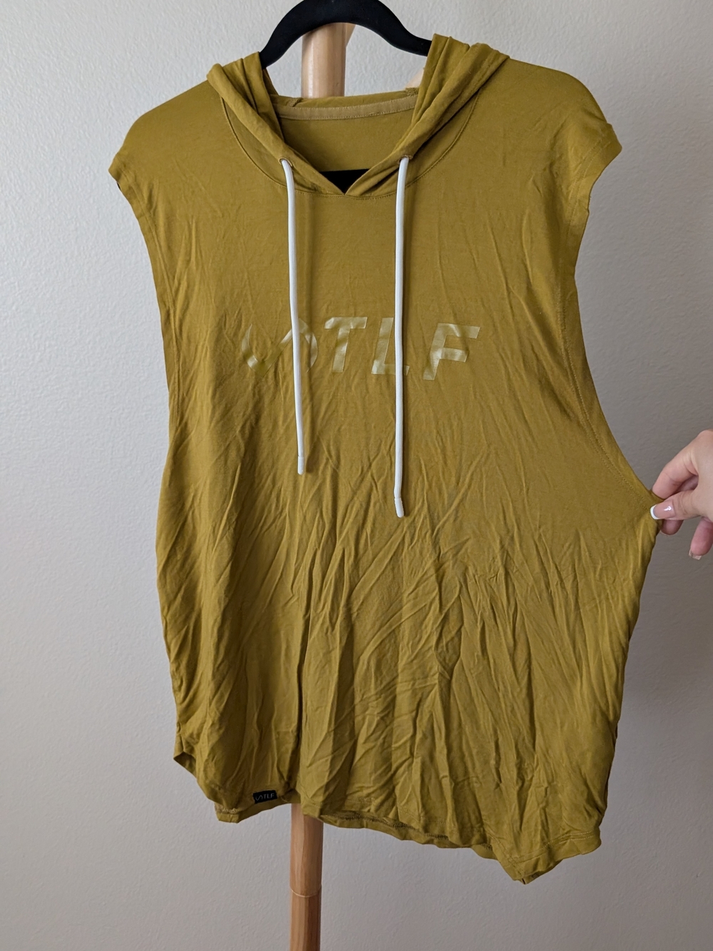 Sleeveless Hooded Tank Top in Olive Green with Drawcord